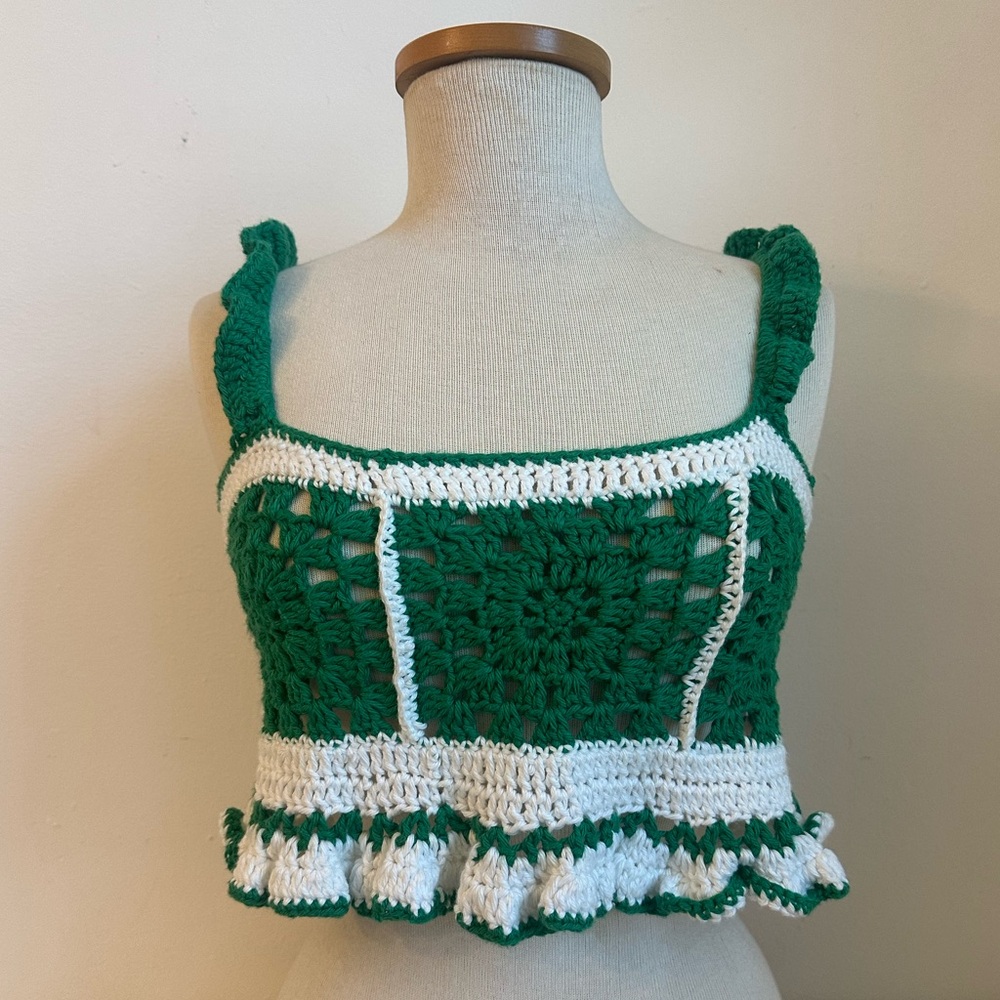 Green and White Crochet Women Top
